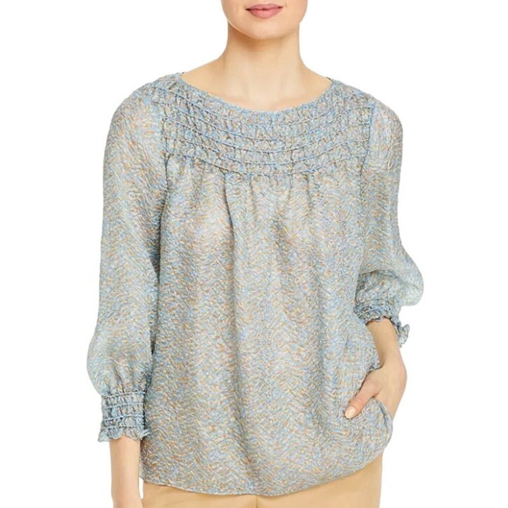 Lafayette 148 New York Silk Blend Paley Jacquard Long Sleeve Top Blue Cream XS